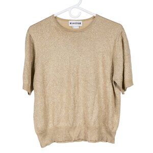 Joan Leslie Metallic Gold Sweater L Womens VTG Short Sleeve Blouse Stretch
